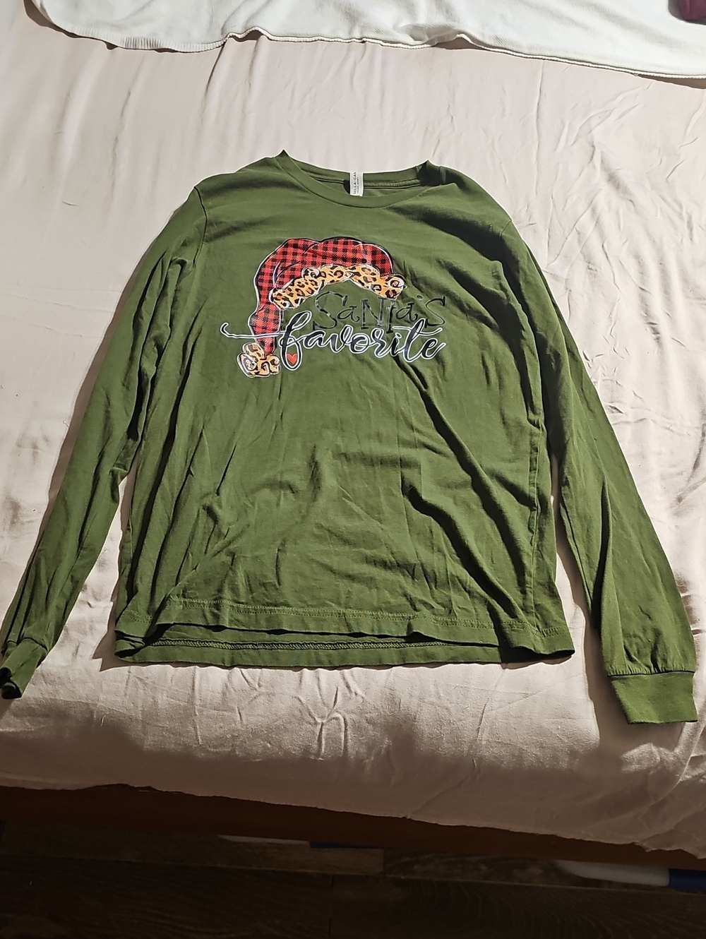 Bella Canvas Olive Green Long Sleeve Graphic Tee with Red Plaid Accent